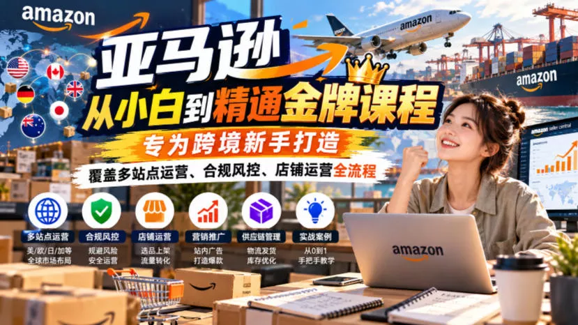 22f6c9e501622dc3a0699a2ebd333ec3.webp 亚马逊从小白到精通金牌课程,专为跨境新手打造,覆盖多站点运营、合规风控、店铺运营全流程