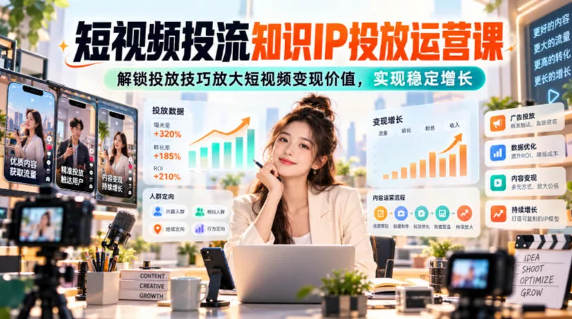 短视频投流知识IP投放运营课，解锁投放技巧放大短视频变现价值，实现稳定增长祝你网--专注互联网创业.信息差副业研究拒绝割韭菜祝你网
