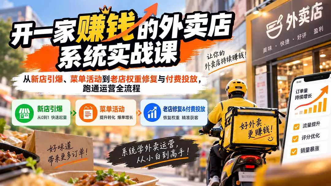 2315f84ad3b0501e1cdee1fd8db47249.webp 开一家赚钱的外卖店系统实战课:从新店引爆、菜单活动到老店权重修复与付费投放,跑通运营全流程
