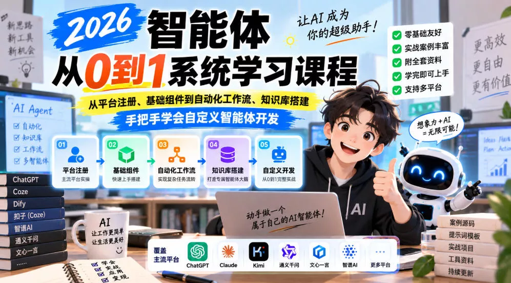 2026智能体从0到1系统学习课程,从平台注册、基础组件到自动化工作流、知识库搭建,手把手学会自定义智能体开发祝你网--专注互联网创业.信息差副业研究拒绝割韭菜祝你网