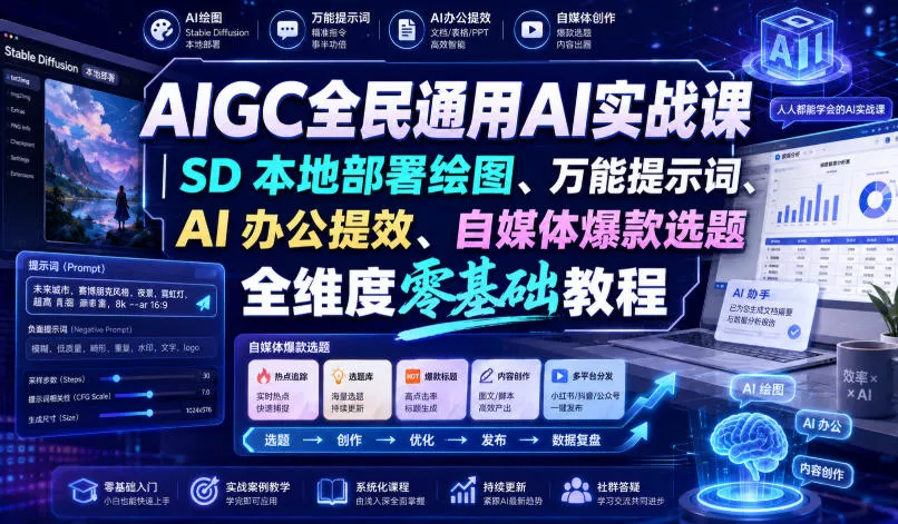 23aeb963e3abef75924886e007b16cb2.webp AIGC全民通用AI实战课|SD本地部署绘图、万能提示词、AI办公提效、自媒体爆款选题全维度零基础教程