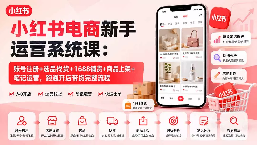 小红书电商新手运营系统课:账号注册+选品找货+1688铺货+商品上架+笔记运营,跑通开店带货完整流程祝你网--专注互联网创业.信息差副业研究拒绝割韭菜祝你网