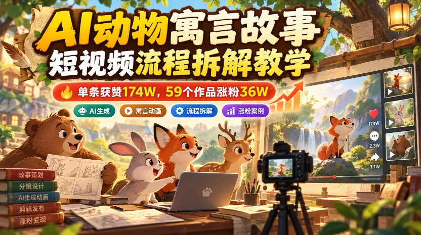 AI动物寓言故事短视频流程拆解教学,单条获赞174W,59个作品涨粉36W祝你网--专注互联网创业.信息差副业研究拒绝割韭菜祝你网
