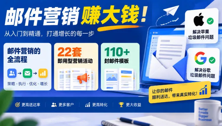 244d91caa8e63660d358c3c54c7e6f24.webp 【无水印】邮件营销賺大钱!邮件营销的全流程,22套即用型营销活动与110+封邮件模板,还能解决苹果谷歌垃圾邮件问题【原创双语字幕】