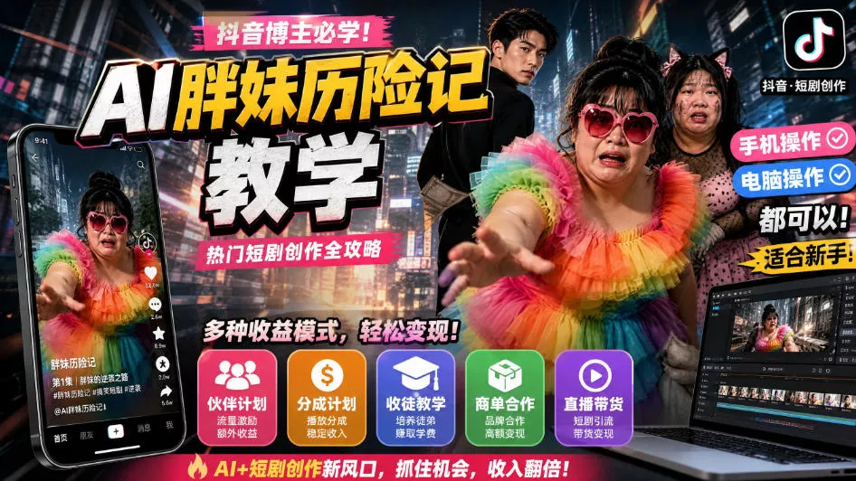 24e50540a5239aac9196705e1c483bf8.webp 抖音博主的AI胖妹历险记教学,伙伴计划+分成计划+收徒+商单等多种收益,适合新手,手机电脑都可以操作
