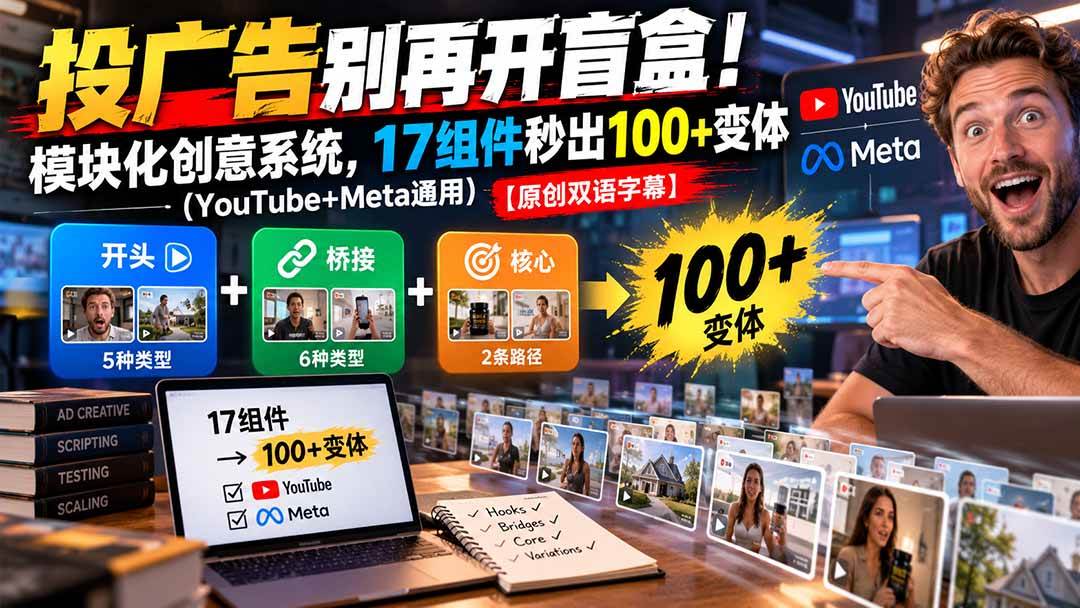 (20840期)投广告别再开盲盒!模块化创意系统,17组件秒出100+变体(YouTube+Meta通用)【原创双语字幕】祝你网--专注互联网创业.信息差副业研究拒绝割韭菜祝你网