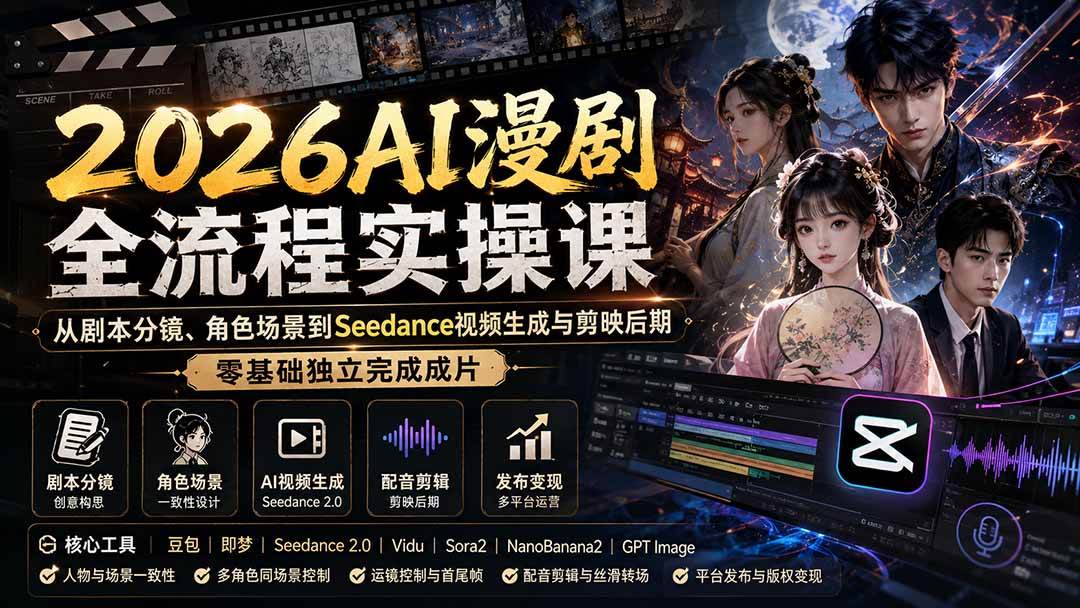 (20042期)2026AI漫剧全流程实操课:从剧本分镜、角色场景到Seedance视频生成与剪映后期,零基础独立完成成片祝你网--专注互联网创业.信息差副业研究拒绝割韭菜祝你网