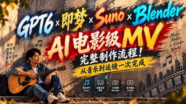 GPT6×即梦×Suno×Blender｜AI电影级MV完整制作流程！从音乐到运镜一次完成！祝你网--专注互联网创业.信息差副业研究拒绝割韭菜祝你网