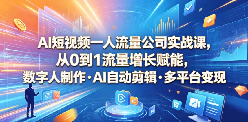 AI短视频一人流量公司实战课，从0到1流量增长赋能，数字人制作・AI自动剪辑・多平台变现，一人做流量生意全落地教程祝你网--专注互联网创业.信息差副业研究拒绝割韭菜祝你网