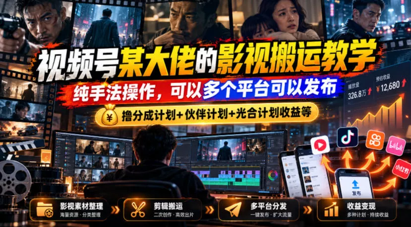 视频号某大佬的影视搬运教学，纯手法操作，可以多个平台可以发布，撸分成计划+伙伴计划+光合计划收益等祝你网--专注互联网创业.信息差副业研究拒绝割韭菜祝你网