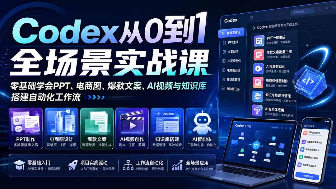 (20041期)Codex从0到1全场景实战课:零基础学会PPT、电商图、爆款文案、AI视频与知识库,搭建自动化工作流祝你网--专注互联网创业.信息差副业研究拒绝割韭菜祝你网