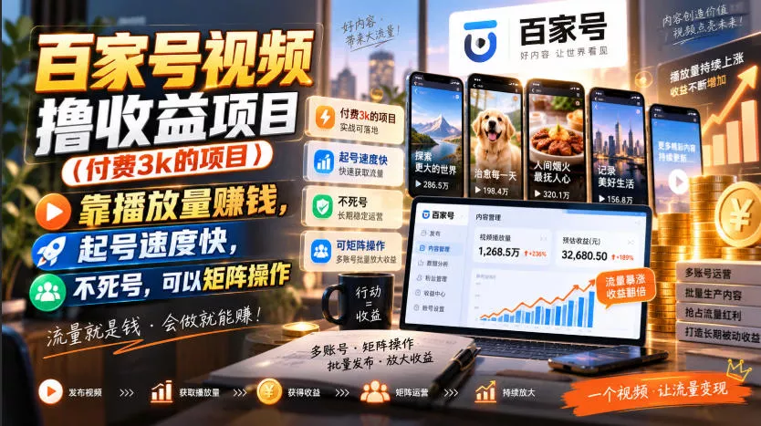 26bbd1be731050ba7f9af756bf97699a.webp 百家号视频撸收益项目(付费3k的项目),靠播放量賺钱,起号速度快,不死号,可以矩阵操作