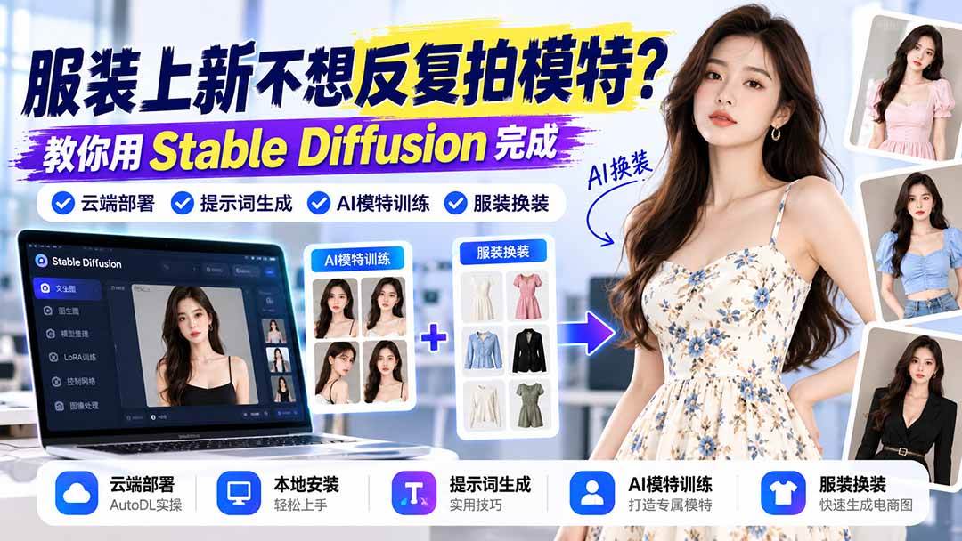(21099期)服装上新不想反复拍模特?教你用Stable Diffusion完成云端部署、提示词生成、AI模特训练与换装祝你网--专注互联网创业.信息差副业研究拒绝割韭菜祝你网