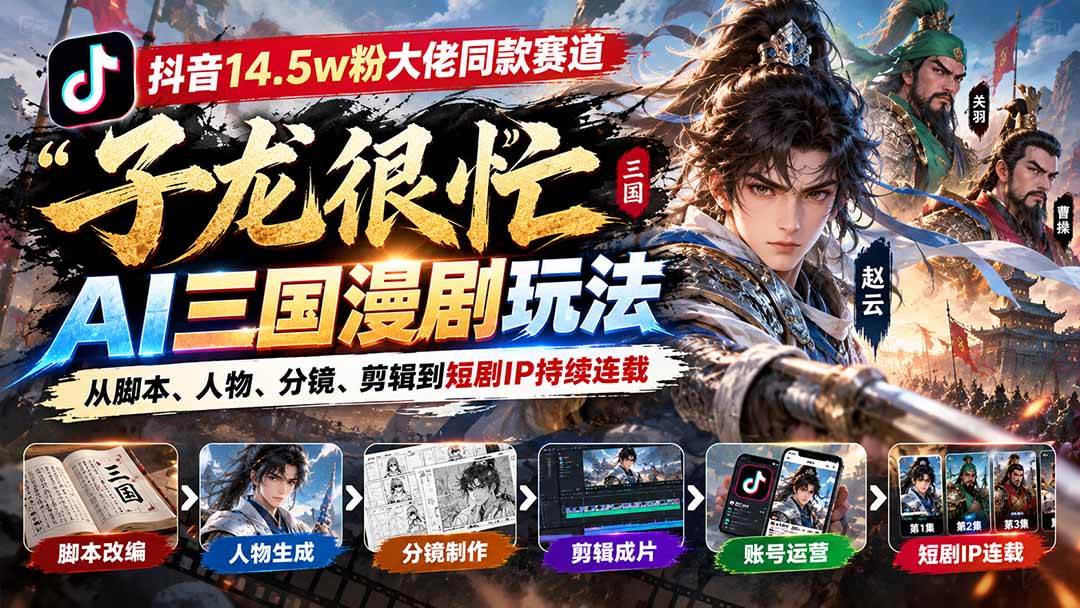 （20818期）抖音14.5w粉大佬同款赛道「子龙很忙」AI三国漫剧玩法：从脚本、人物、分镜、剪辑到短剧IP持续连载祝你网--专注互联网创业.信息差副业研究拒绝割韭菜祝你网