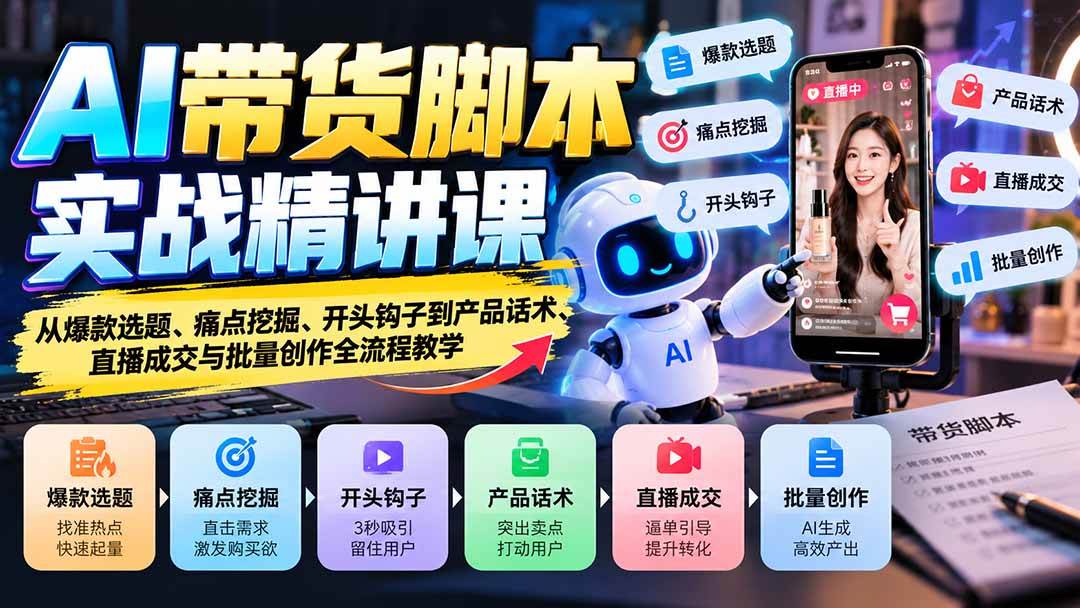 2756ad8741c9f05622950144ac09a3f2.jpeg (21084期)AI带货脚本实战精讲课:从爆款选题、痛点挖掘、开头钩子到产品话术、直播成交与批量创作全流程教学