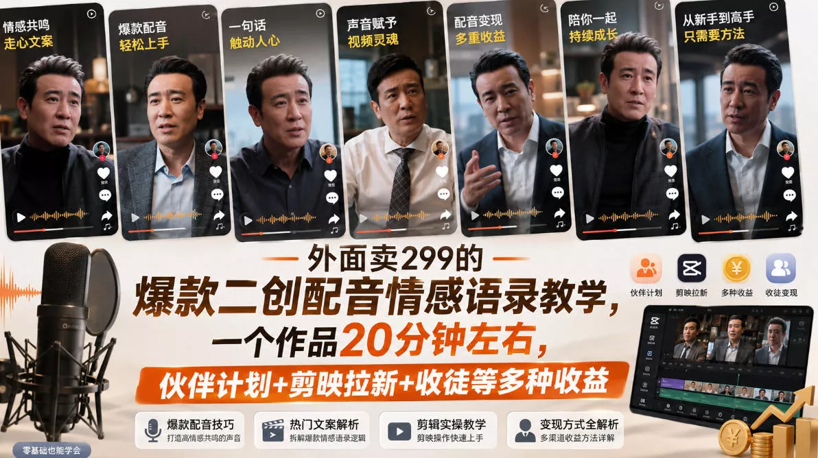 2774ccddf2a011b1bc5943fd65a4b8e7.webp 外面卖299的爆款二创配音情感语录教学,一个作品20分钟左右,伙伴计划+剪映拉新+收徒等多种收益
