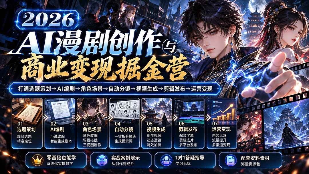 277e185b94a861051f9f69b2066cbee1.jpeg (20906期)【无水印】2026AI漫剧创作与商业变现掘金营:打通选题→AI编剧→角色场景→自动分镜→视频生成→剪辑发布→运营变现