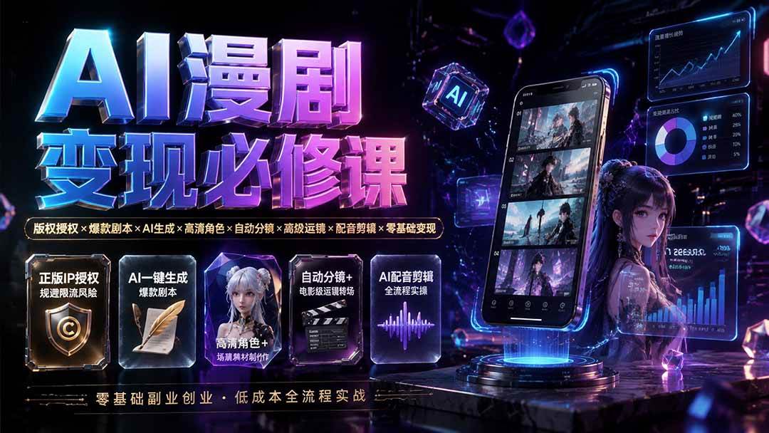 (19664期)AI漫剧变现必修课:版权授权×爆款剧本×AI生成×高清角色×自动分镜×高级运镜×配音剪辑×零基础变现祝你网--专注互联网创业.信息差副业研究拒绝割韭菜祝你网