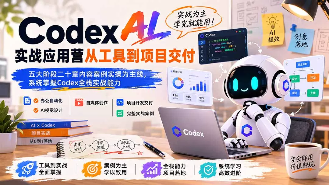 27a7444c70652fceb440715e1c270fa9.webp Codex AI实战应用营从工具到项目交付;五大阶段二十章内容案例实操为主线,系统掌握Codex全栈实战能力