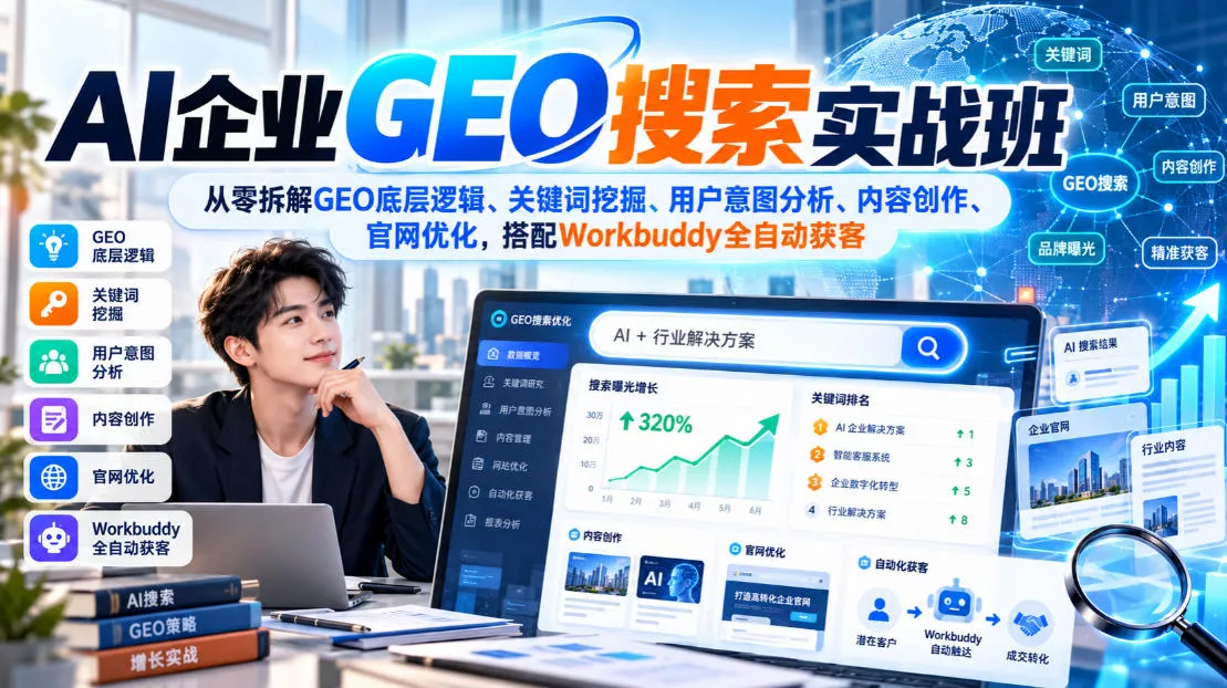 27aba6d01fbe7190f537349b4b66ac7a.webp AI企业GEO搜索实战班,从零拆解GEO底层逻辑、关键词挖掘、用户意图分析、内容创作、官网优化,搭配Workbuddy全自动获客