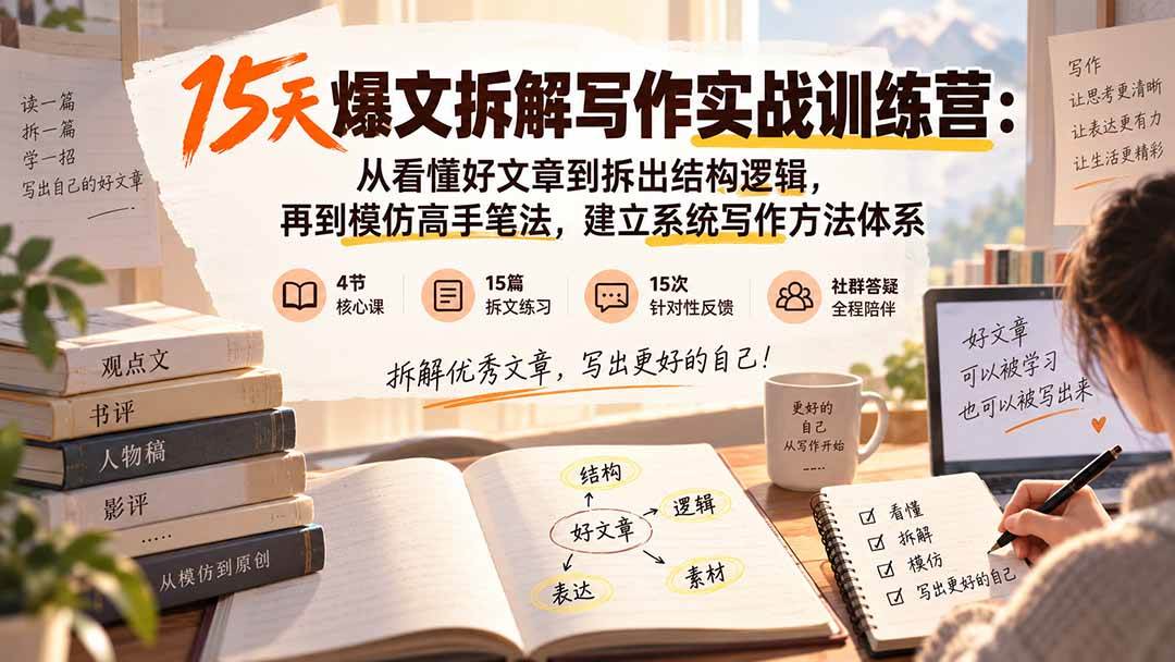 （20271期）15天爆文拆解写作实战训练营：从看懂好文章到拆出结构逻辑，再到模仿高手笔法，建立系统写作方法体系祝你网--专注互联网创业.信息差副业研究拒绝割韭菜祝你网