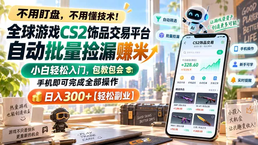 2832b8183825e4e75a61fe7d4f9e8f4e.webp 全球游戏CS2饰品交易平台自动批量捡漏赚米,小白轻松入门,包教包会,手机即可完成全部操作,日入300+【轻松副业】