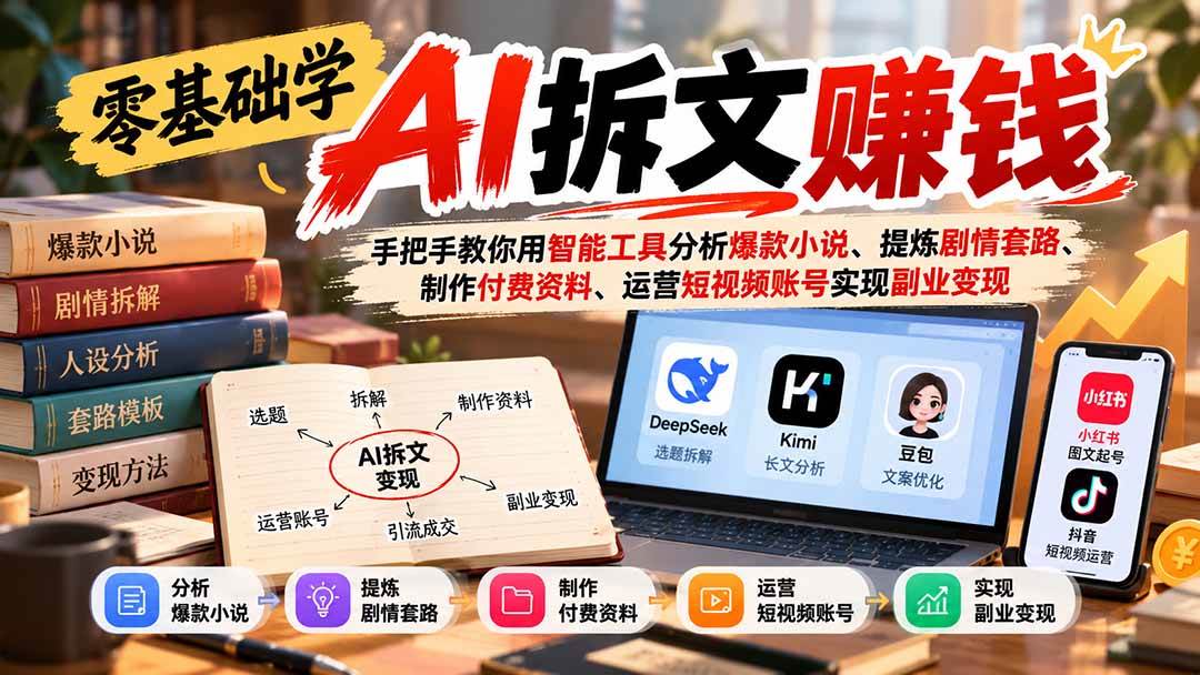（21030期）零基础学AI拆文赚钱：手把手教你用智能工具分析爆款小说、提炼剧情套路、制作付费资料、运营短视频账号实现副业变现祝你网--专注互联网创业.信息差副业研究拒绝割韭菜祝你网