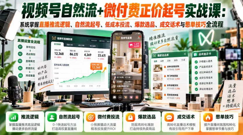 视频号自然流+微付费正价起号实战课：系统掌握直播推流逻辑、自然流起号、低成本投流、爆款选品、成交话术与憋单技巧全流程祝你网--专注互联网创业.信息差副业研究拒绝割韭菜祝你网