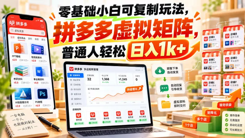 零基础小白可复制玩法，拼多多虚拟矩阵，普通人轻松日入1k+祝你网--专注互联网创业.信息差副业研究拒绝割韭菜祝你网