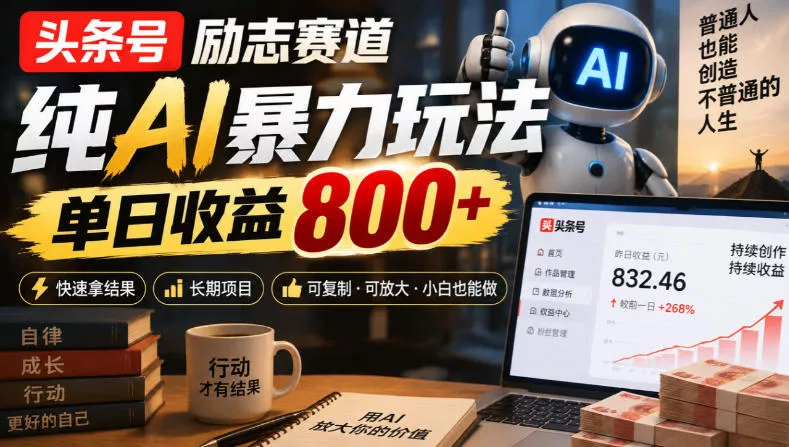 头条号励志赛道,纯AI暴力玩法,单日收益800+,快速拿结果,长期项目祝你网--专注互联网创业.信息差副业研究拒绝割韭菜祝你网