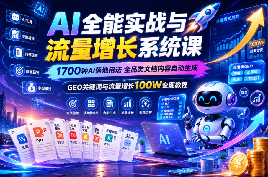 AI全能实战与流量增长系统课,1700种AI落地用法,全品类文档内容自动生成,GEO关键词与流量增长100W变现教程祝你网--专注互联网创业.信息差副业研究拒绝割韭菜祝你网