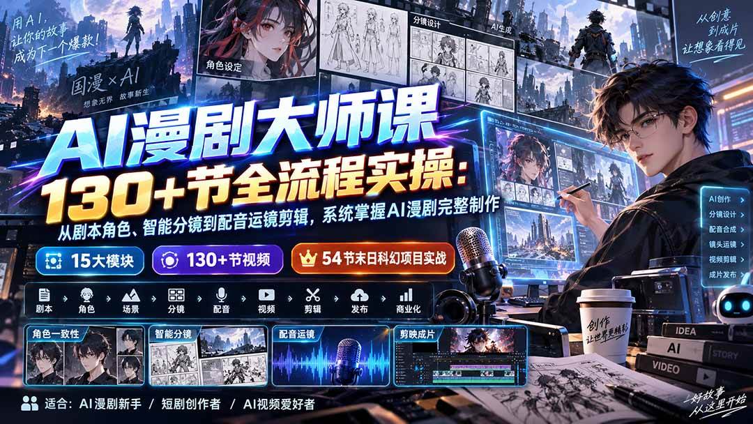 28f2010cd872ce3602d957ecf05be2f6.jpeg (20326期)AI漫剧大师课130+节全流程实操:从剧本角色、智能分镜到配音运镜剪辑,系统掌握AI漫剧完整制作