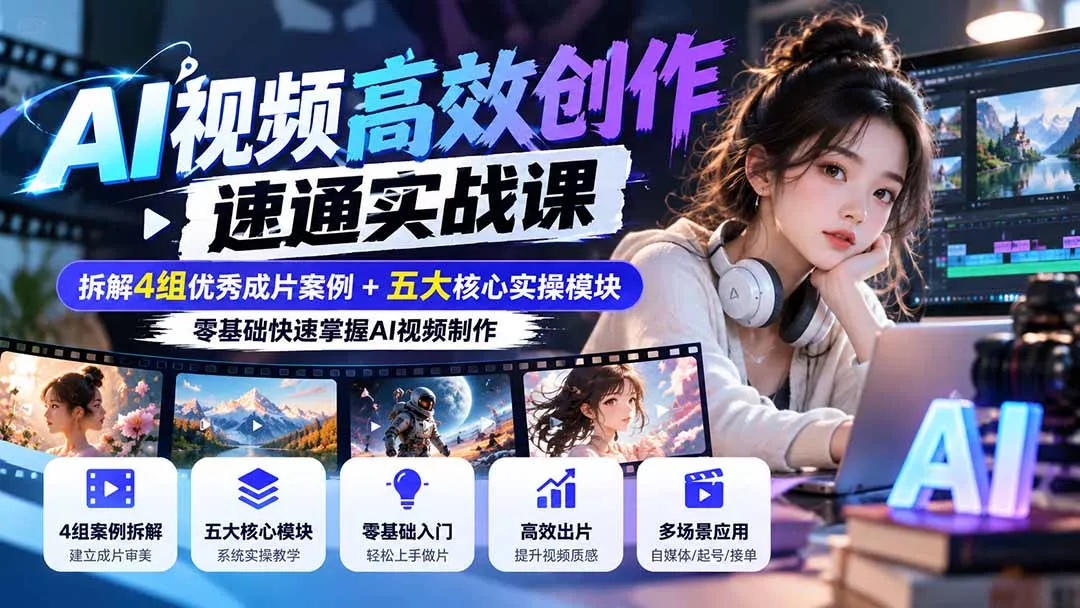 29a6914b1ec43e65f245e590b610963f.webp 【无水印】AI视频高效创作速通实战课:拆解4组优秀成片案例+五大核心实操模块,零基础快速掌握AI视频制作