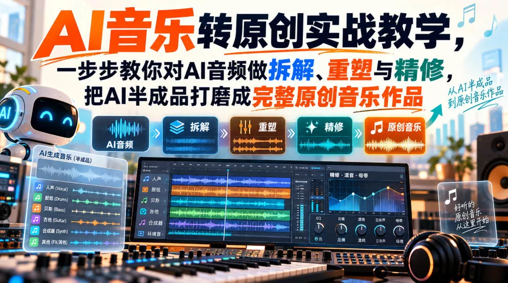 29dd421ee3ae35b98a6cdb1f63b77e3a.webp AI音乐转原创实战教学,一步步教你对AI音频做拆解、重塑与精修,把AI半成品打磨成完整原创音乐作品