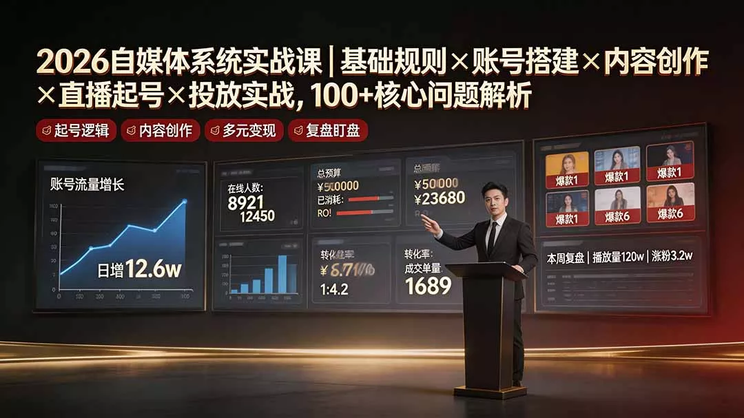 2a2ded205b88b20ff5b47966cf3349bc.webp 2026自媒体系统实战课|基础规则×账号搭建×内容创作×直播起号×投放实战,100+核心问题解析