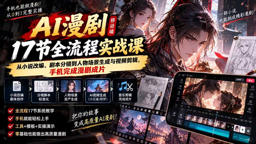 2a7f8c874e57ff7e39f3ddb789862f10.webp AI漫剧移动端17节全流程实战课:从小说改编、剧本分镜到人物场景生成与视频剪辑,手机完成漫剧成片