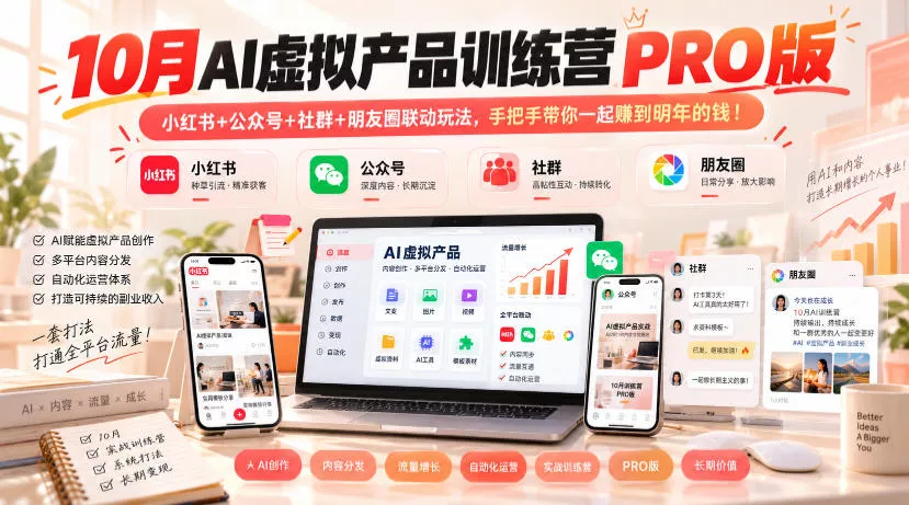 10月AI虚拟产品训练营PRO版，小红书+公众号+社群+朋友圈联动玩法，手把手带你一起赚到明年的钱！(更新1029)祝你网--专注互联网创业.信息差副业研究拒绝割韭菜祝你网