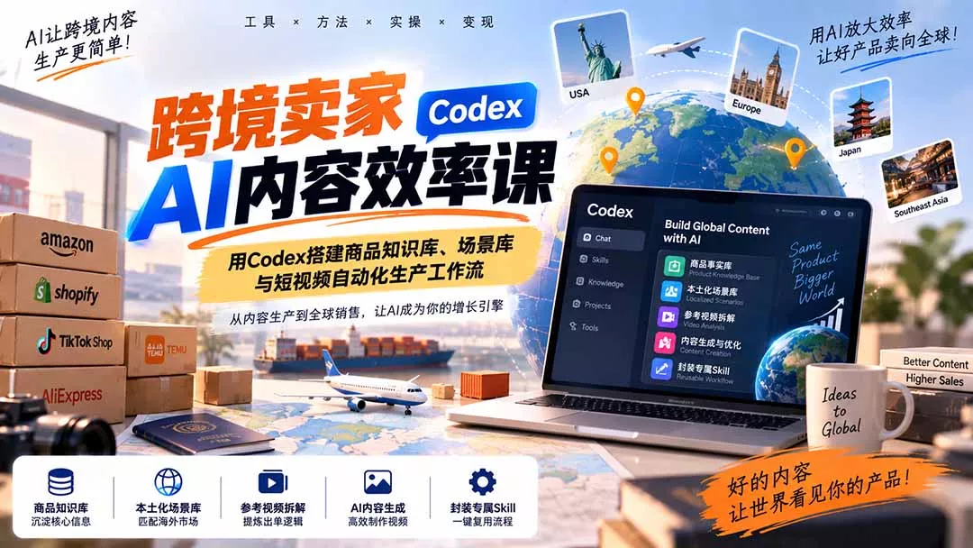跨境卖家AI内容效率课:用Codex搭建商品知识库、场景库与短视频自动化生产工作流祝你网--专注互联网创业.信息差副业研究拒绝割韭菜祝你网