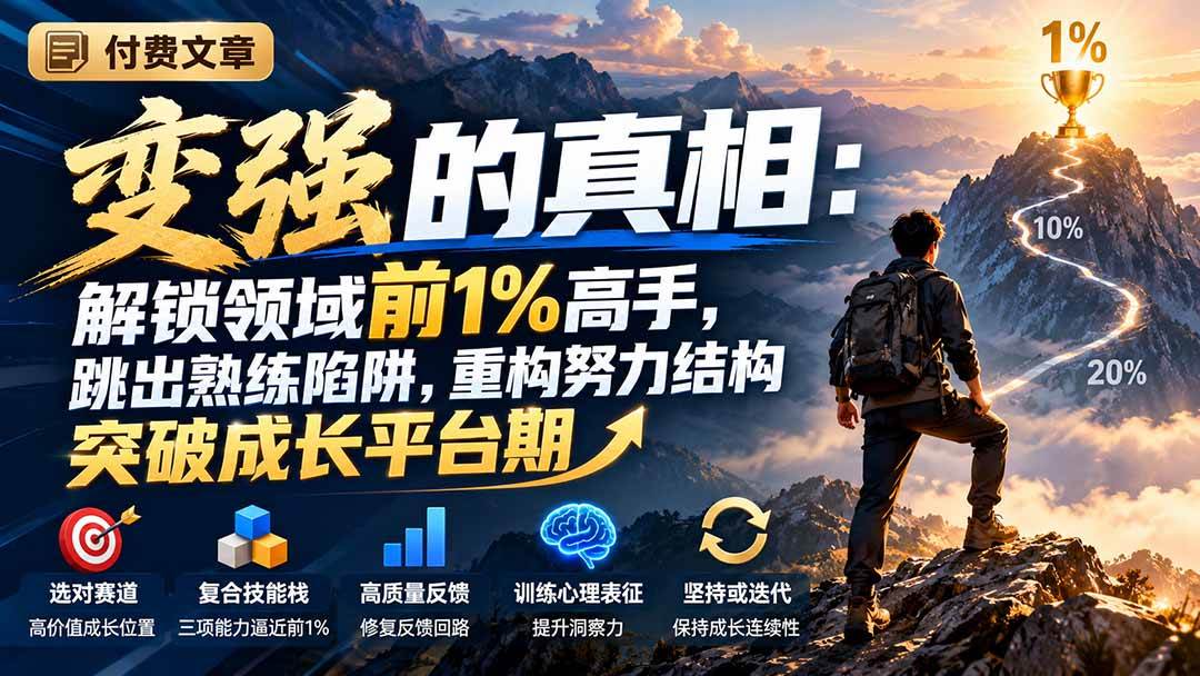 （21042期）付费文章：变强的真相：解锁领域前1%高手，跳出熟练陷阱，重构努力结构突破成长平台期祝你网--专注互联网创业.信息差副业研究拒绝割韭菜祝你网