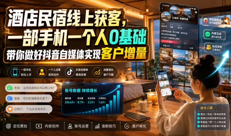 2b1a883ef9aa2e757966ad8abc9b95be.webp 酒店民宿线上获客,一部手机一个人0基础带你做好抖音自媒体实现客户增量
