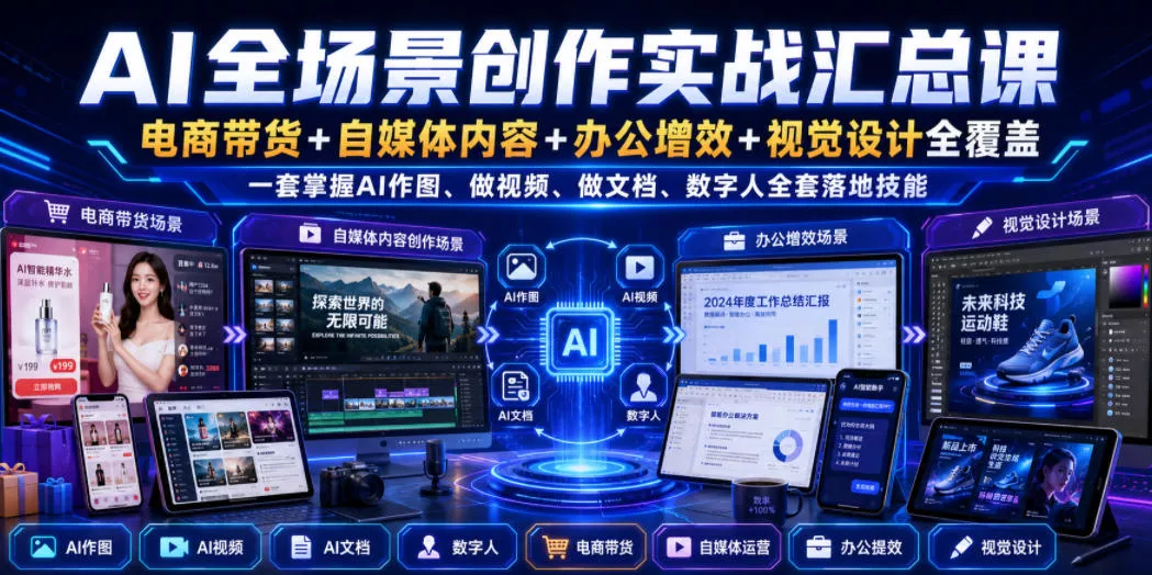 2b2f5ded6c37eee9d41fa11442756b8e.webp AI全场景创作实战汇总课|电商带货+自媒体内容+办公增效+视觉设计全覆盖,一套掌握AI作图、做视频、做文档、数字人全套落地技能