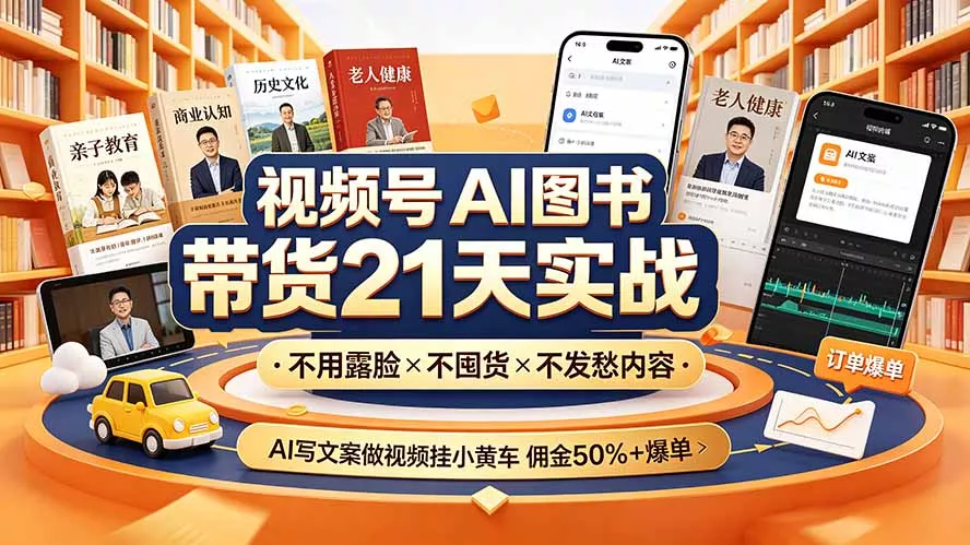 视频号AI图书带货21天实战:不用露脸×不囤货×不发愁内容,AI写文案做视频挂小黄车,佣金50%+爆单祝你网--专注互联网创业.信息差副业研究拒绝割韭菜祝你网