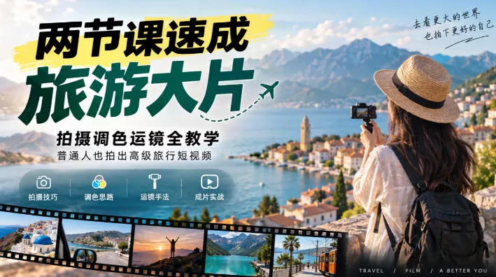 两节课速成旅游大片｜拍摄调色运镜全教学，普通人也拍出高级旅行短视频祝你网--专注互联网创业.信息差副业研究拒绝割韭菜祝你网