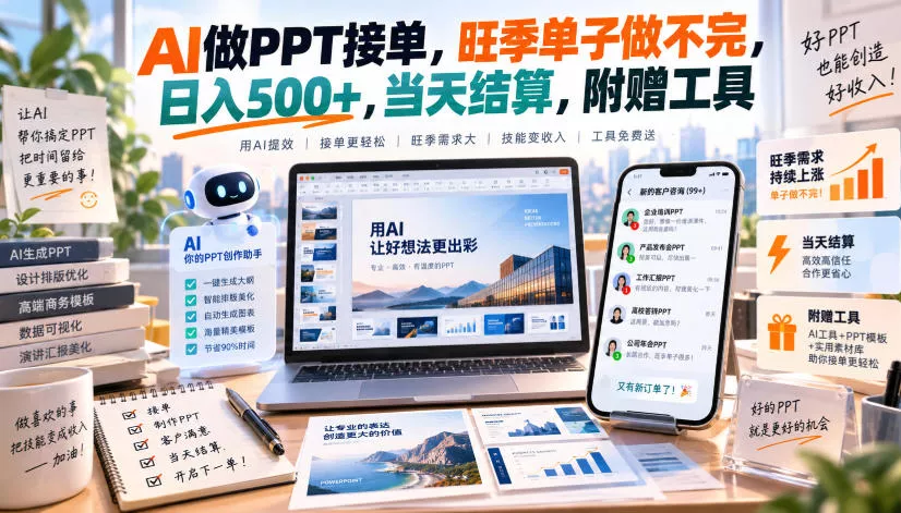 2c714f29e24c9fce617e60dff05331dd.webp AI做PPT接单,旺季单子做不完,日入500+,当天结算,附赠工具【揭秘】