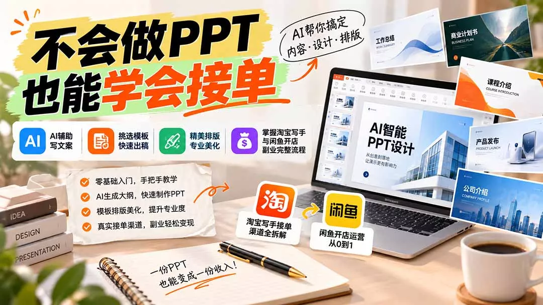 不会做PPT也能学会接单:AI辅助写文案、挑模板、做排版,掌握淘宝写手与闲鱼开店副业完整流程祝你网--专注互联网创业.信息差副业研究拒绝割韭菜祝你网