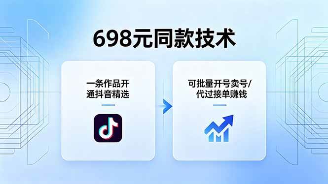 （18379期）698元同款技术：一条作品开通抖音精选，可批量开号卖号，也可代过接单赚钱祝你网--专注互联网创业.信息差副业研究拒绝割韭菜祝你网