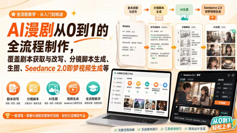 2dbc48f3ff2667fa71284920e9e19ece.webp AI漫剧从0到1的全流程制作,覆盖剧本获取与改写、分镜脚本生成、角色场景生图与三视图、Seedance 2.0即梦视频生成(PDF版)
