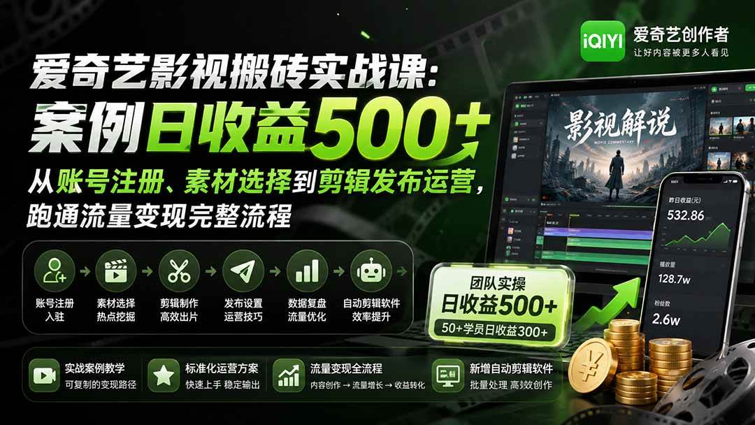 2ec37ba7e93908e4b4b5caf988120112.jpeg (20086期)爱奇艺影视搬砖实战课:案例日收益500+,从账号注册、素材选择到剪辑发布运营,跑通流量变现完整流程