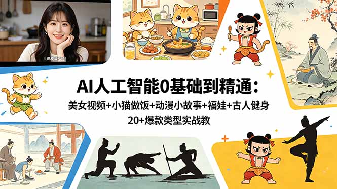 AI人工智能0基础到精通：美女视频+小猫做饭+动漫小故事+福娃+古人健身，20+爆款类型实战教学祝你网--专注互联网创业.信息差副业研究拒绝割韭菜祝你网