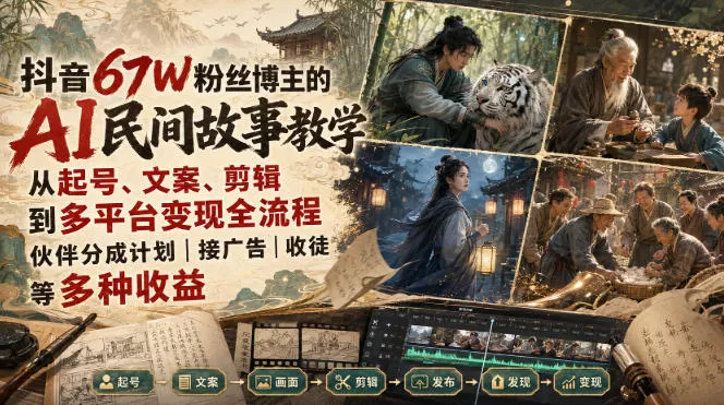 抖音67W粉丝博主的AI民间故事教学,从起号、文案、剪辑到多平台变现全流程,伙伴分成计划接广告等多种收益,月入1W+祝你网--专注互联网创业.信息差副业研究拒绝割韭菜祝你网